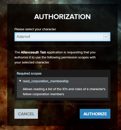 authorize from the EVE site
