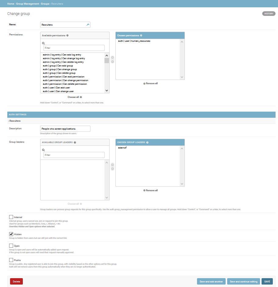 AuthGroup Admin page